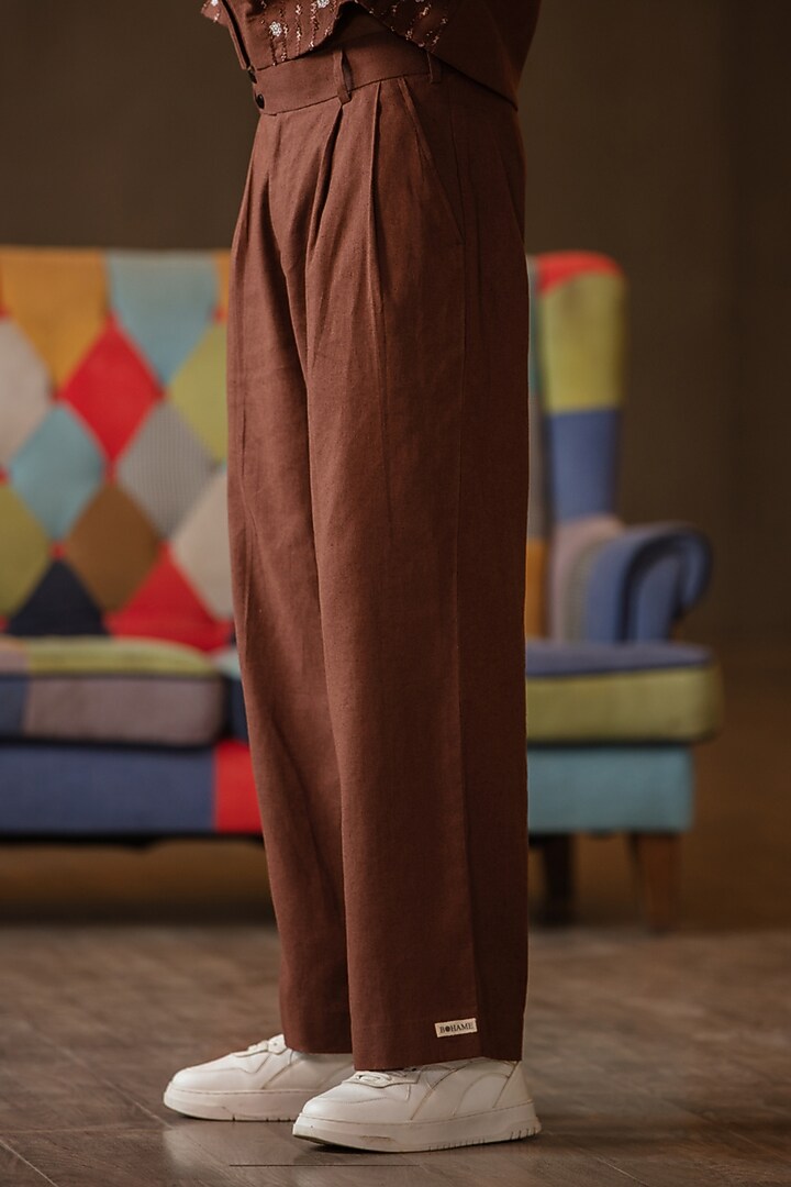 Brown Linen Blend Wide-Leg Trousers by Not So Couture at Pernia's Pop Up Shop