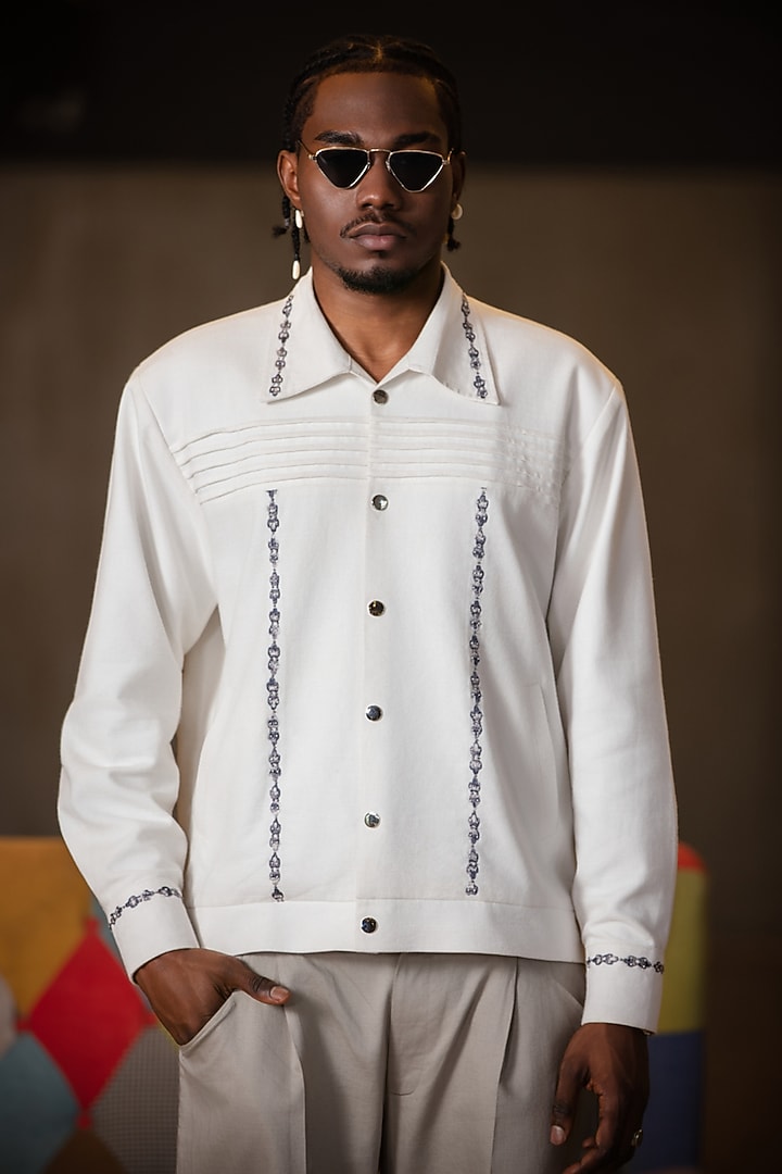 White Cotton Floral Embroidered Jacket by Not So Couture at Pernia's Pop Up Shop