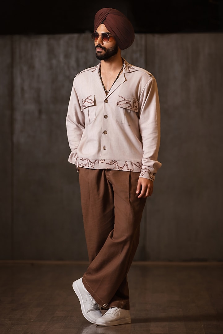 Mauve Linen Blend Embroidered Jacket Set by Not So Couture at Pernia's Pop Up Shop