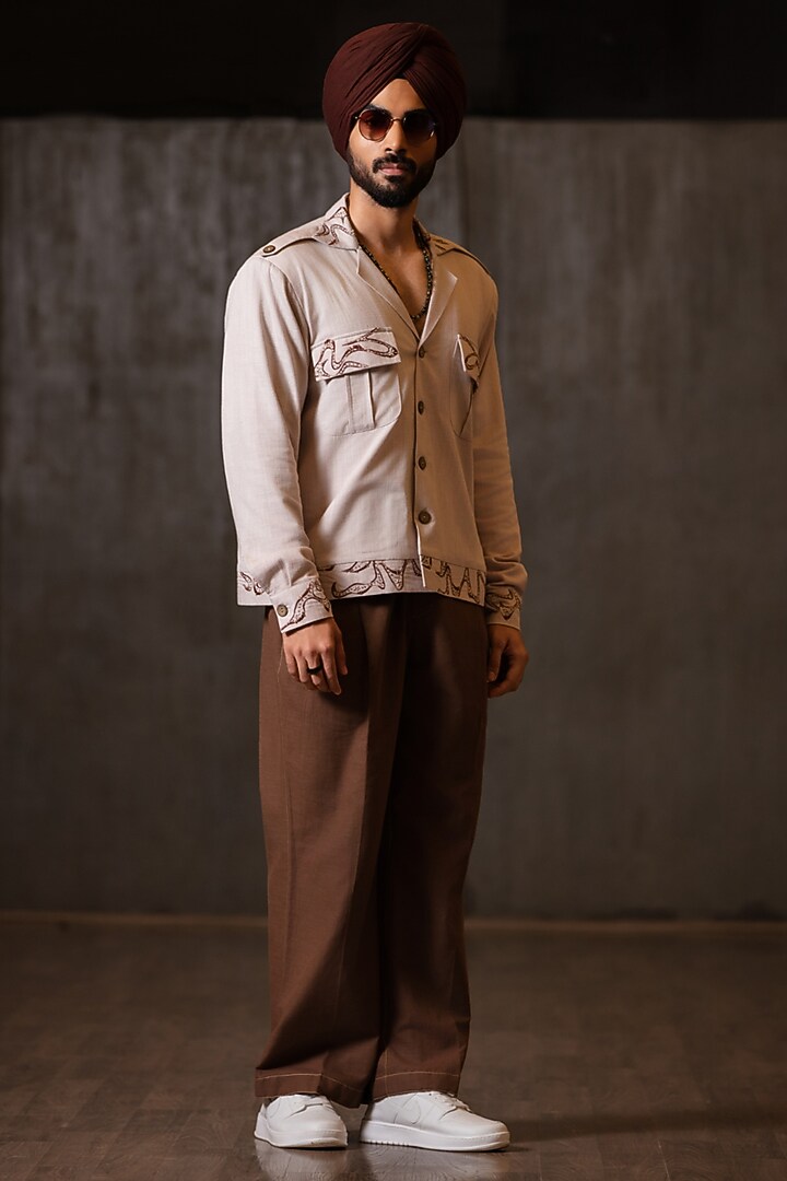Mauve Linen Blend Embroidered Jacket Set by Not So Couture at Pernia's Pop Up Shop