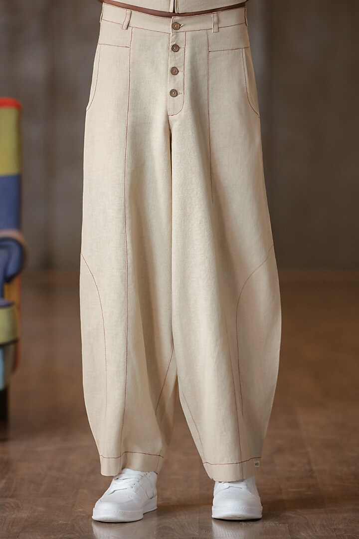 Beige Linen Blend Pants by Not So Couture at Pernia's Pop Up Shop