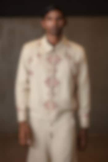 Beige Linen Blend Embroidered Jacket by Not So Couture at Pernia's Pop Up Shop