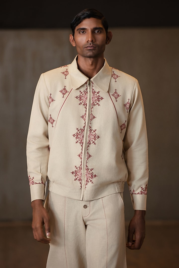 Beige Linen Blend Embroidered Jacket by Not So Couture at Pernia's Pop Up Shop