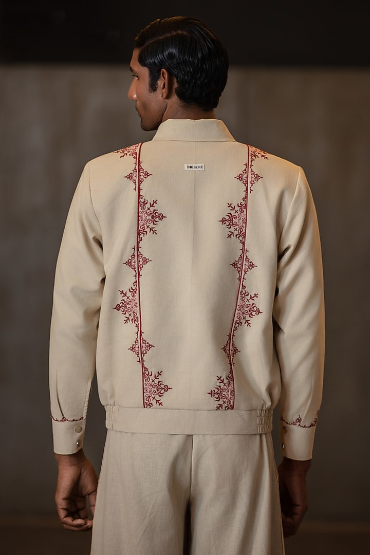 Beige Linen Blend Embroidered Jacket by Not So Couture at Pernia's Pop Up Shop
