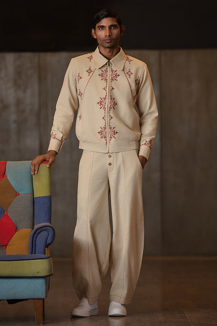 Beige Linen Blend Embroidered Jacket by Not So Couture at Pernia's Pop Up Shop