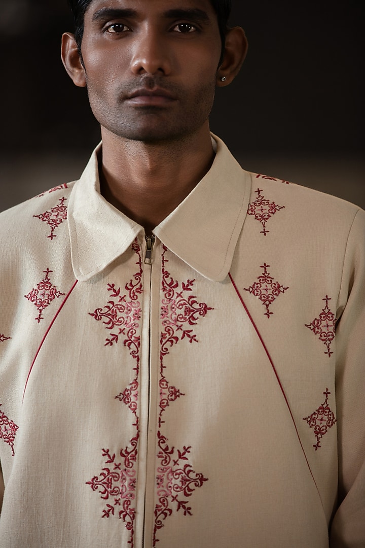 Beige Linen Blend Embroidered Jacket by Not So Couture at Pernia's Pop Up Shop