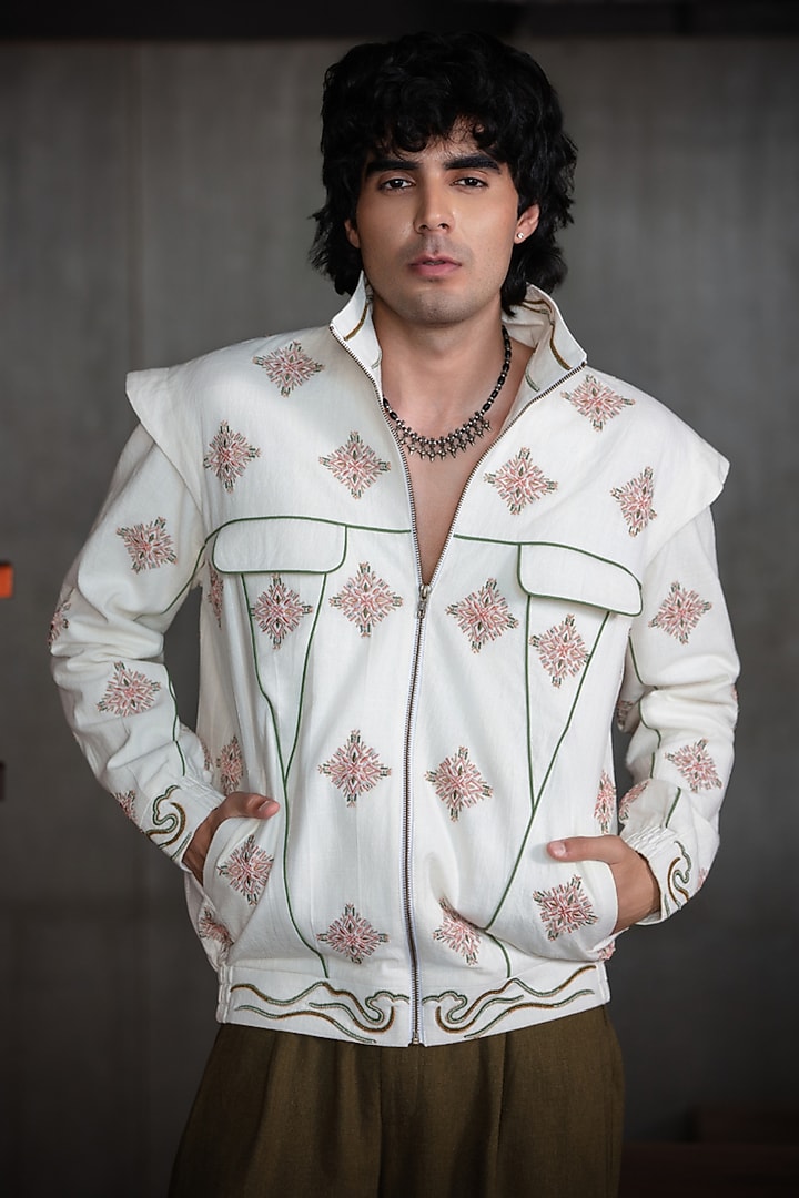Off-White Cotton Embroidered Jacket by Not So Couture at Pernia's Pop Up Shop