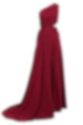 Maroon One Shoulder Cut Out Crepe Gown by Nikhil Thampi