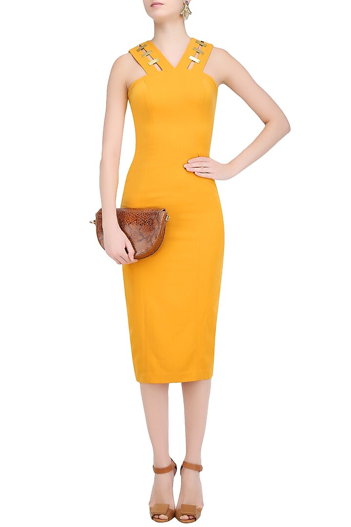 Mustard V Neck Shift dress available only at Pernia's Pop Up Shop.