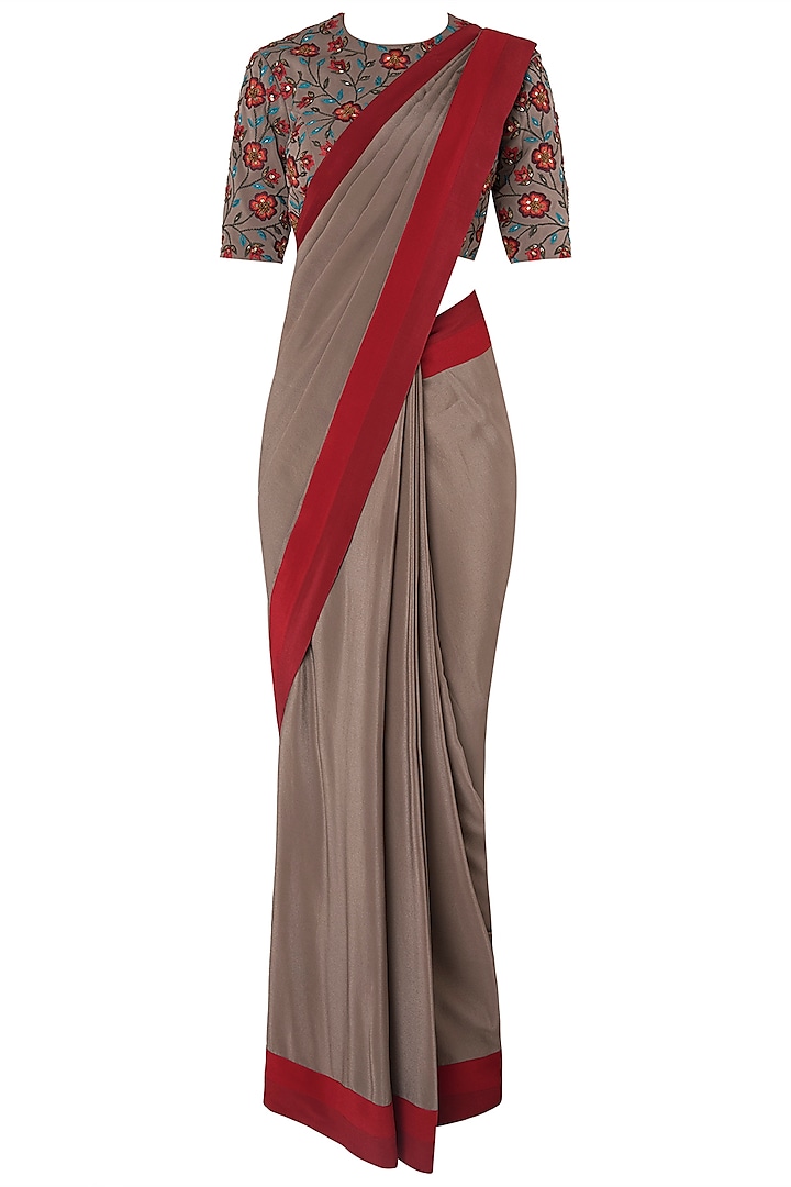 Grey Pre-Stitched Saree with Floral Embroidered Blouse by Nikhil Thampi