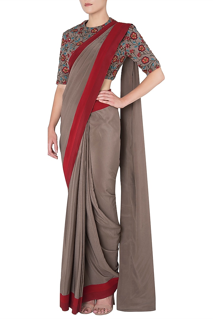 Grey pre-stitched saree with floral embroidered blouse available only at Pernia's Pop Up Shop.