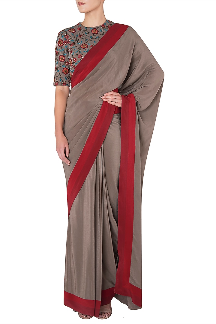 Grey pre-stitched saree with floral embroidered blouse available only at Pernia's Pop Up Shop.