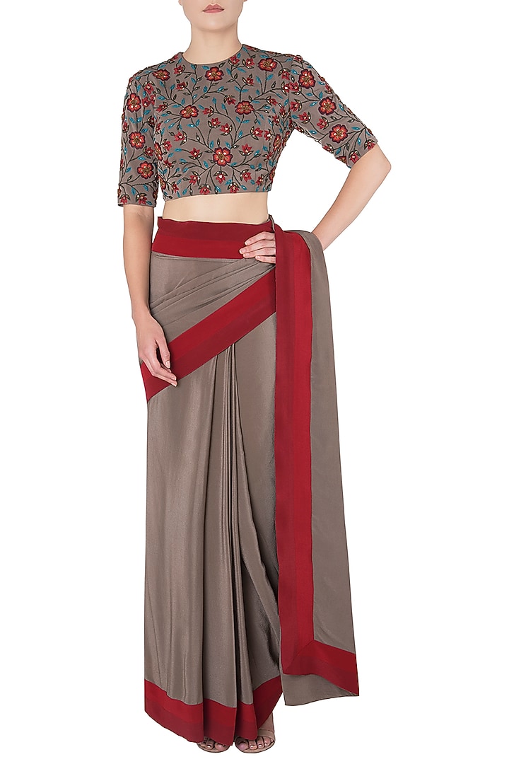 Grey pre-stitched saree with floral embroidered blouse available only at Pernia's Pop Up Shop.