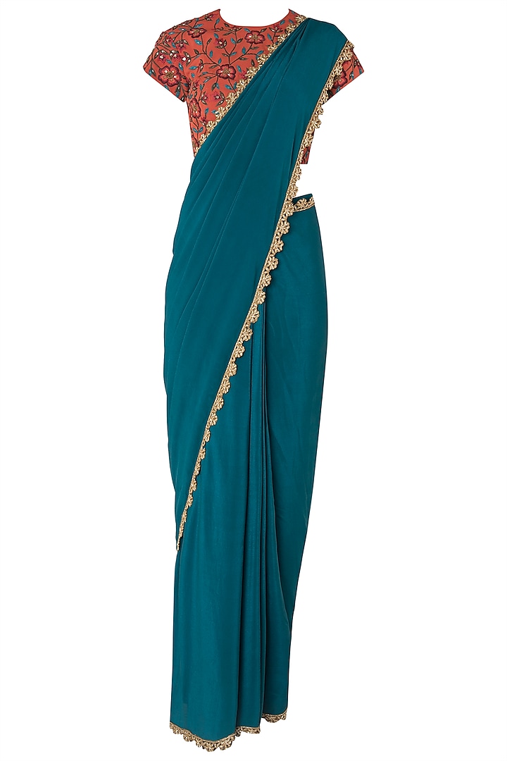 Teal pre-stitched saree with rust embroidered blouse available only at Pernia's Pop Up Shop.