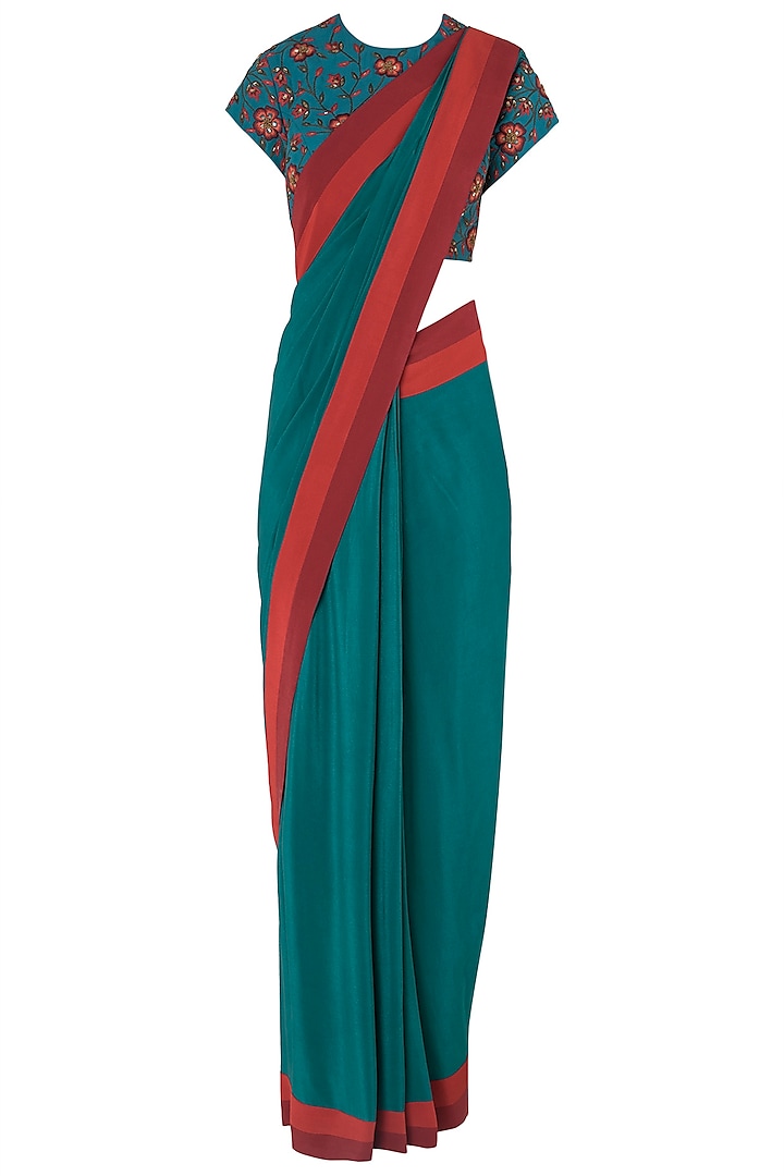 Teal Pre-Stitched Saree with Floral Embroidered Blouse by Nikhil Thampi