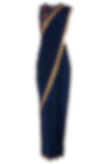 Navy blue pre-stitched saree with floral embroidered blouse available only at Pernia's Pop Up Shop.