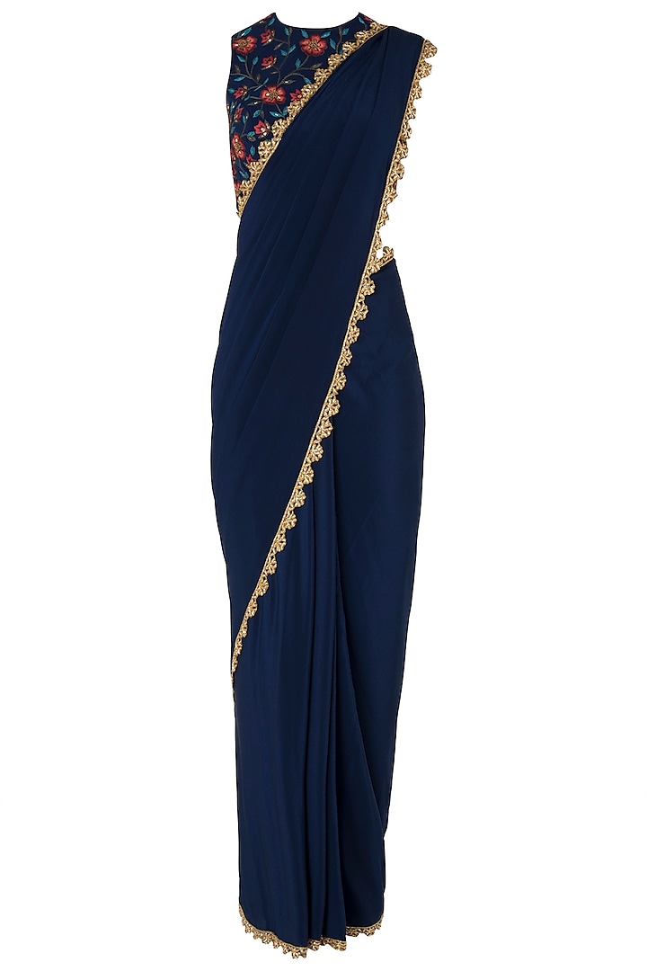Navy Blue Pre-Stitched Saree with Floral Embroidered Blouse by Nikhil Thampi