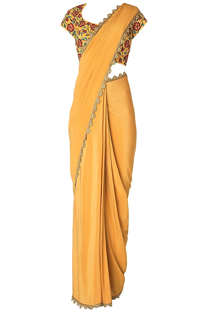 Mustard Pre-Stitched Saree with Floral Embroidered Blouse by Nikhil Thampi