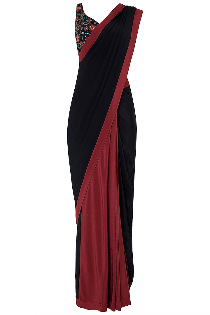 Black and Maroon Pre-Stitched Saree with Embroidered Blouse by Nikhil Thampi