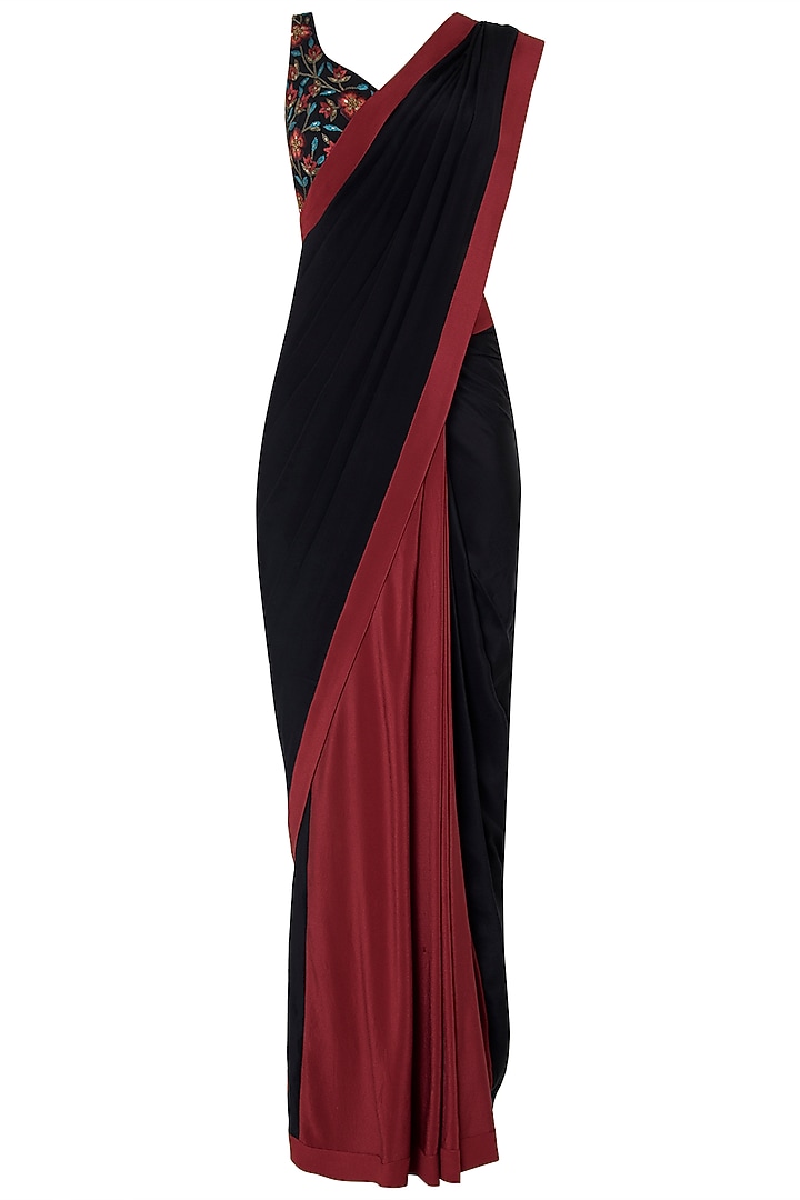 Black and maroon pre-stitched saree with embroidered blouse available only at Pernia's Pop Up Shop.