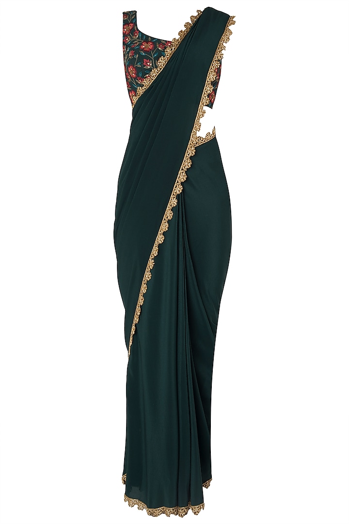 Bottle Green Pre-Stitched Saree with Embroidered Blouse by Nikhil Thampi