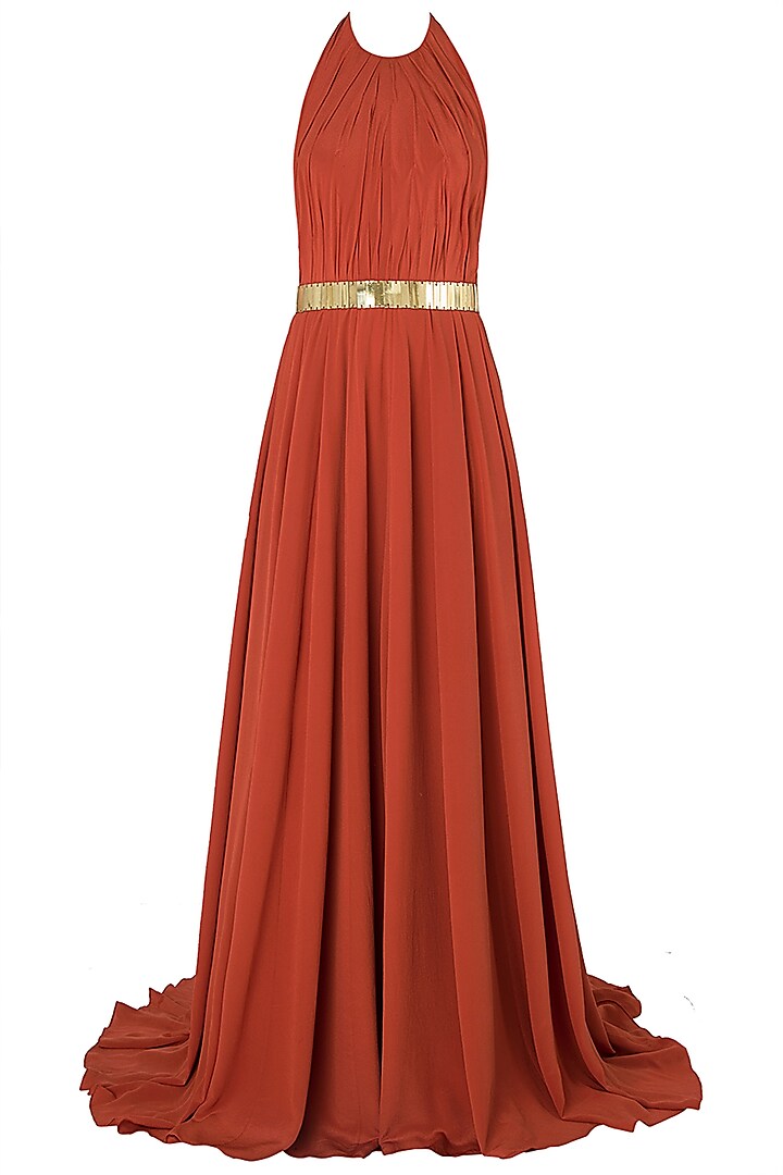 Rust Metal Chip Embroidered Gown by Nikhil Thampi