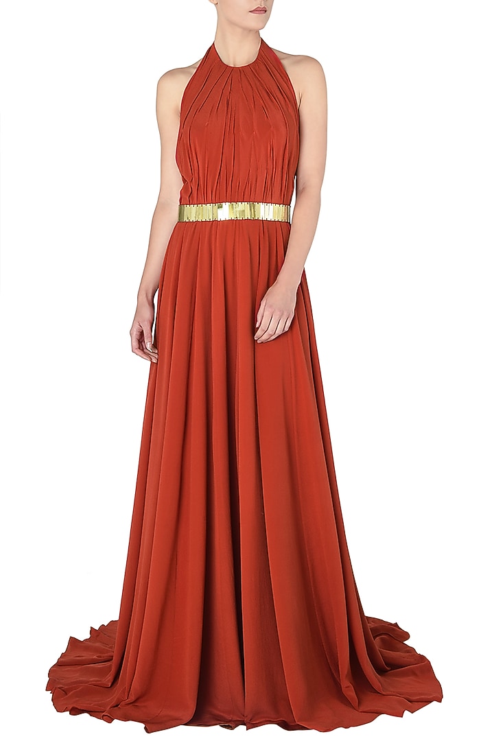 Rust metal chip embroidered gown available only at Pernia's Pop Up Shop.