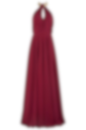 Maroon Metal Chip Embroidered Gown by Nikhil Thampi