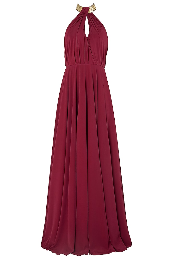 Maroon Metal Chip Embroidered Gown by Nikhil Thampi