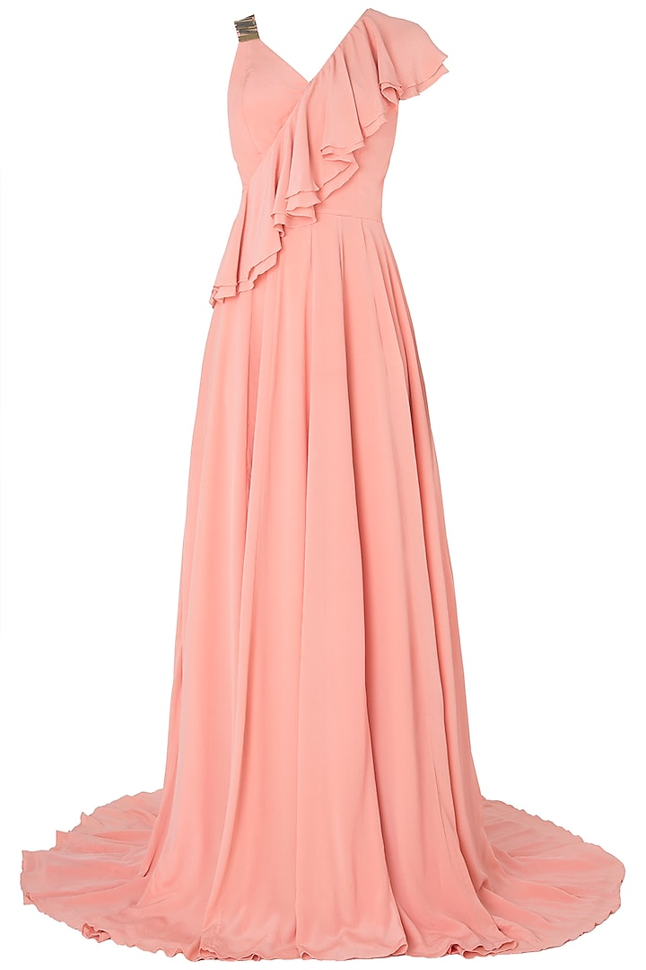 Peach Metal Chip Embroidered Frills Gown by Nikhil Thampi