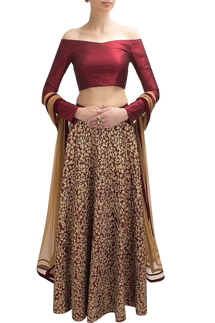 Maroon and gold floral embroidered lehenga set available only at Pernia's Pop Up Shop.