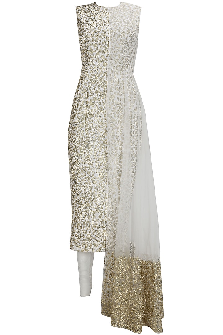 Ivory and gold floral embroidered half cape kurta set available only at Pernia's Pop Up Shop.