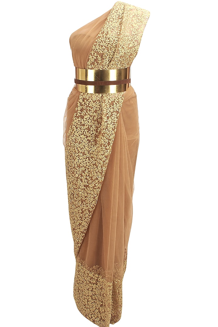 French Beige Embroidered Saree Set by Nikhil Thampi