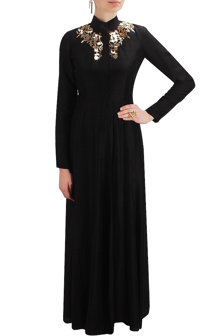 Black metal applique work frumpy dress available only at Pernia's Pop Up Shop.