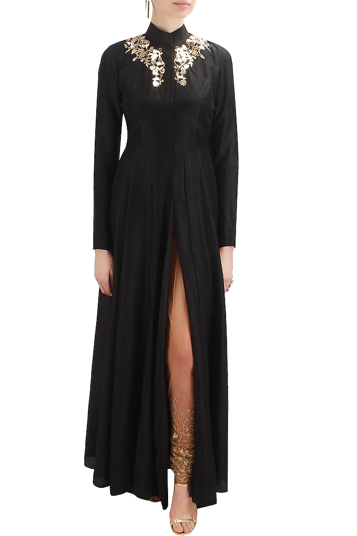 Black metal applique work frumpy dress available only at Pernia's Pop Up Shop.