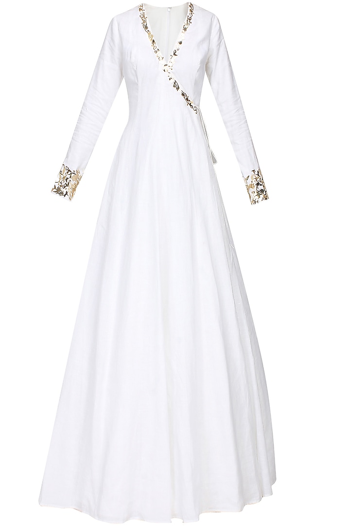 White and gold metal appplique work angrakha style anarkali set available only at Pernia's Pop Up Shop.