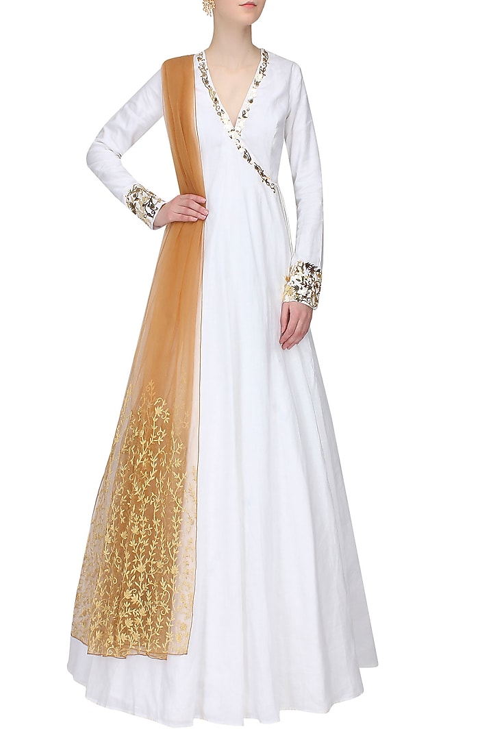 White and gold metal appplique work angrakha style anarkali set available only at Pernia's Pop Up Shop.