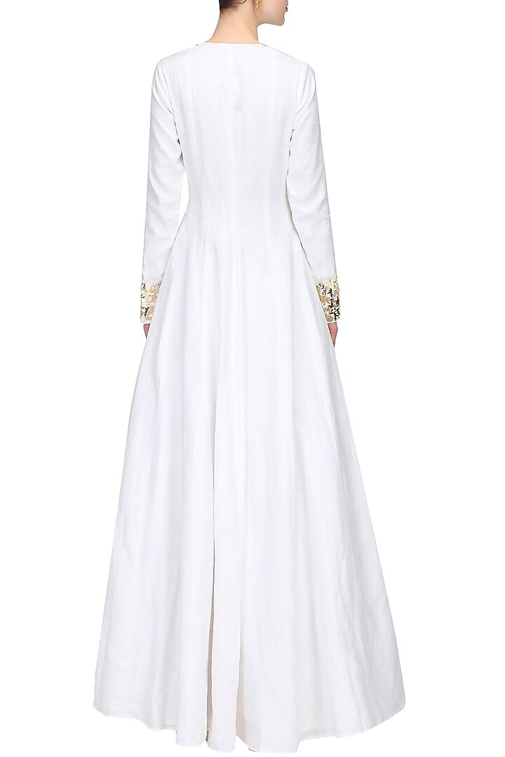 White and gold metal appplique work angrakha style anarkali set available only at Pernia's Pop Up Shop.