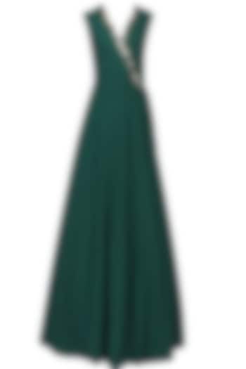 Teal green and gold metal appplique work angrakha style anarkali set available only at Pernia's Pop Up Shop.