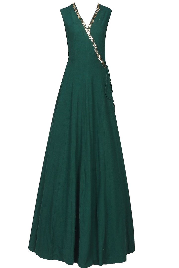 Teal green and gold metal appplique work angrakha style anarkali set available only at Pernia's Pop Up Shop.