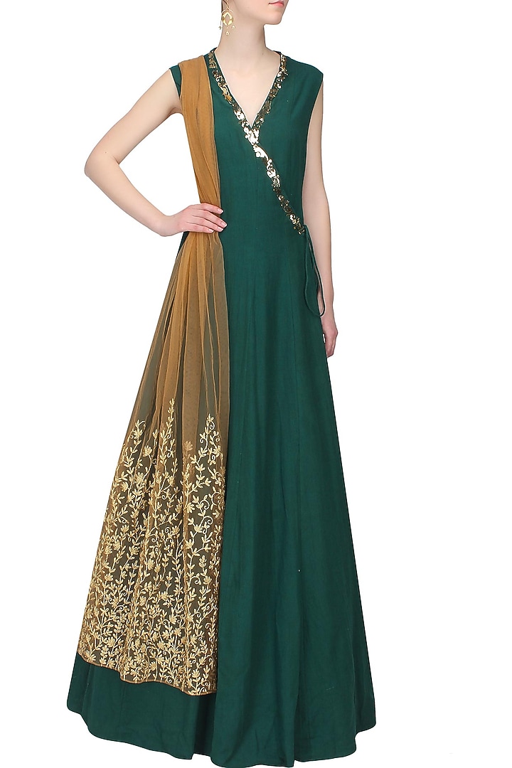 Teal green and gold metal appplique work angrakha style anarkali set available only at Pernia's Pop Up Shop.