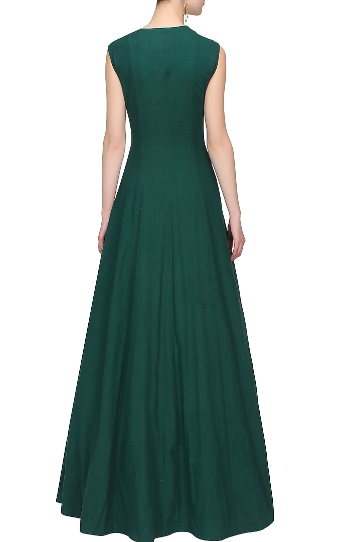 Teal green and gold metal appplique work angrakha style anarkali set available only at Pernia's Pop Up Shop.