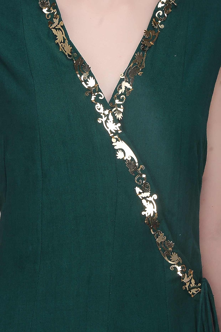 Teal green and gold metal appplique work angrakha style anarkali set available only at Pernia's Pop Up Shop.