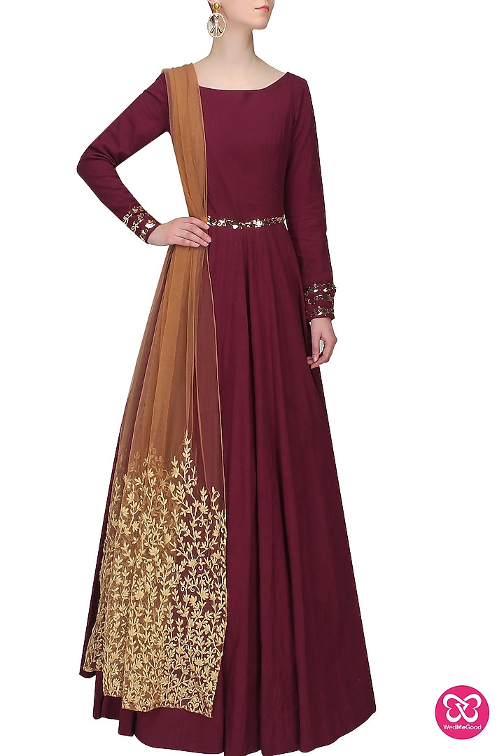 Maroon and gold metal appplique work anarkali set available only at Pernia's Pop Up Shop.
