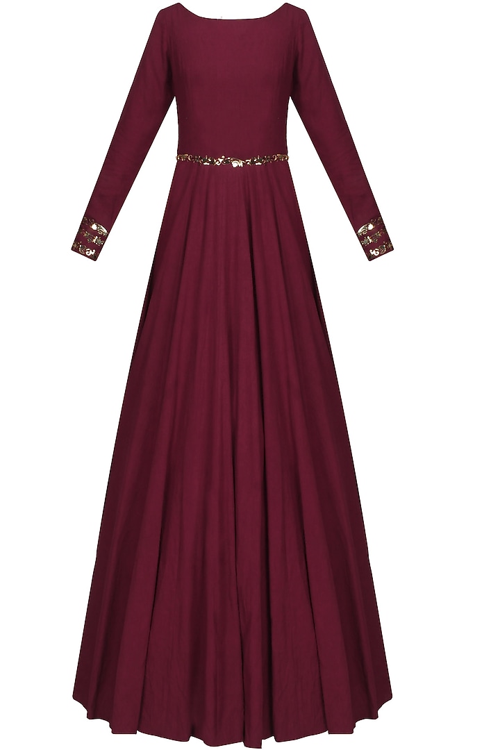 Maroon and gold metal appplique work anarkali set available only at Pernia's Pop Up Shop.