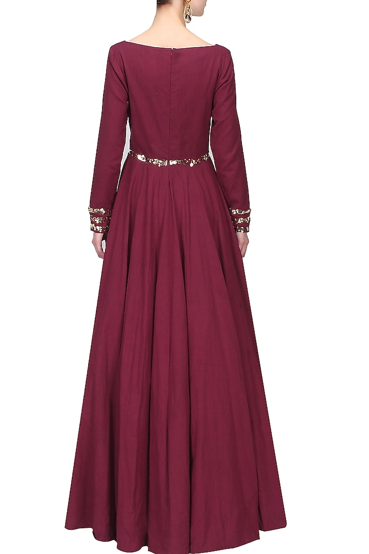 Maroon and gold metal appplique work anarkali set available only at Pernia's Pop Up Shop.