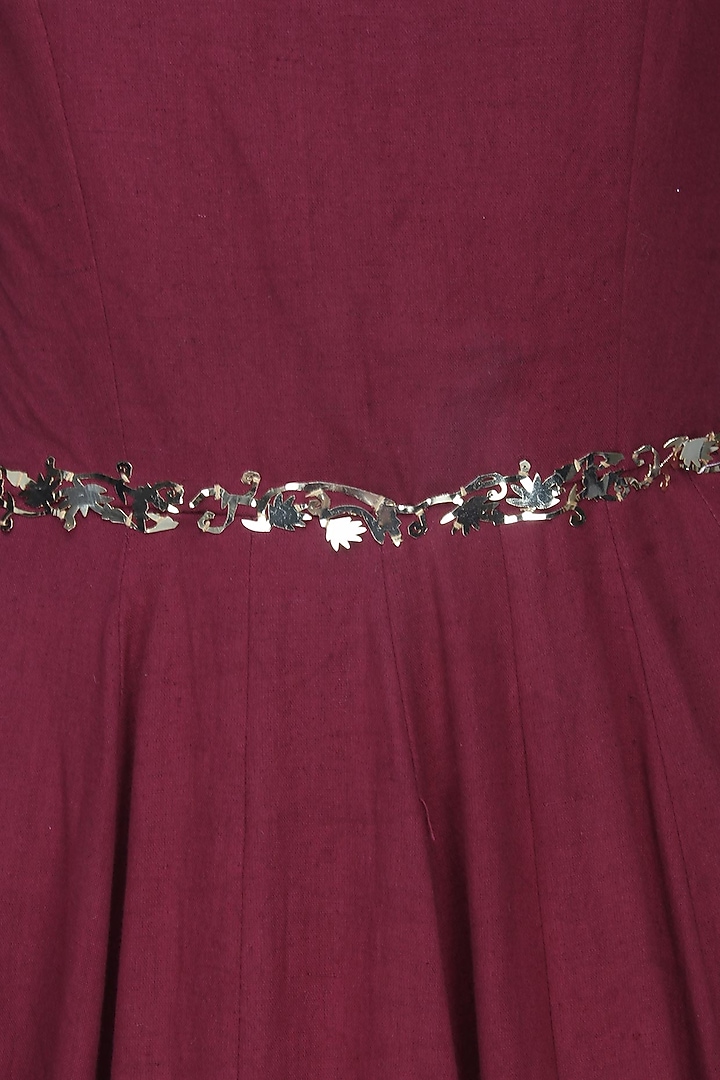 Maroon and gold metal appplique work anarkali set available only at Pernia's Pop Up Shop.