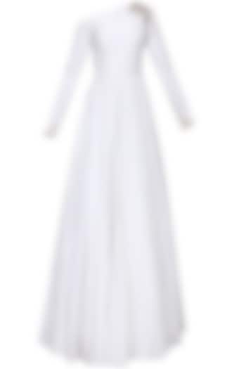 White and gold embroidered drop shoulder anarkali set available only at Pernia's Pop Up Shop.