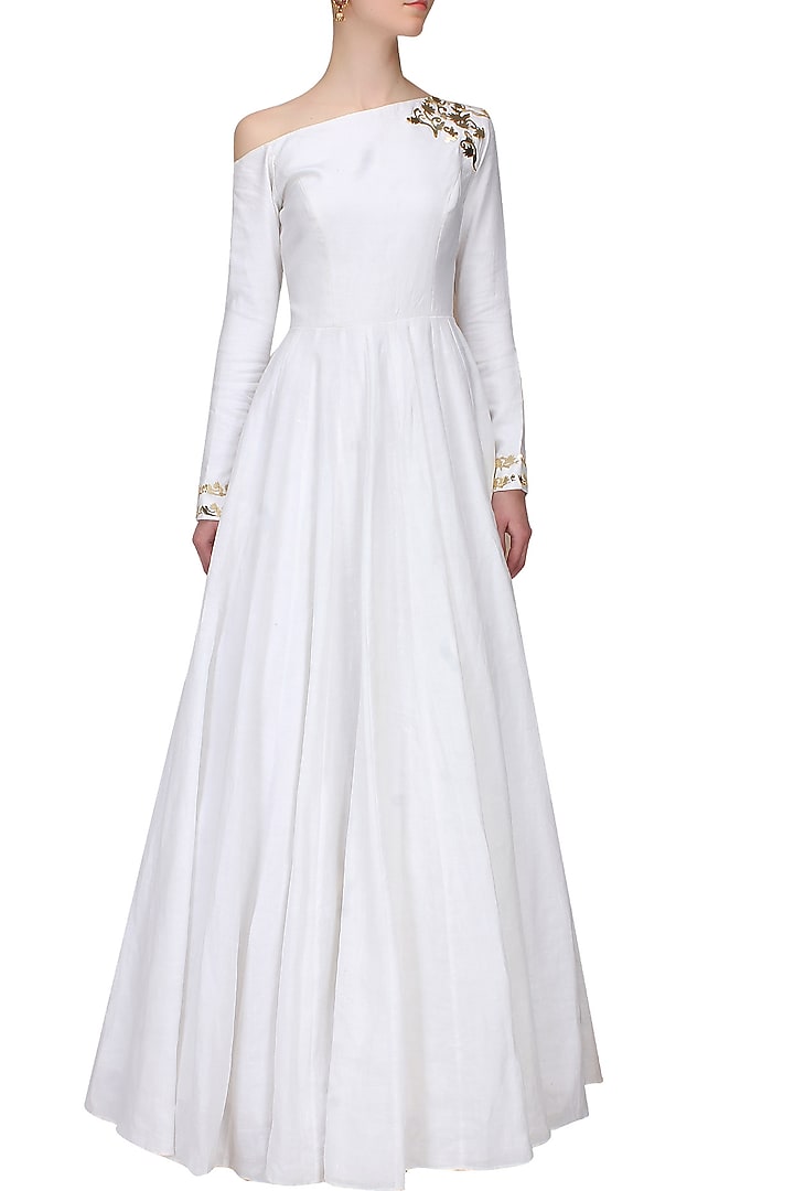 White and gold embroidered drop shoulder anarkali set available only at Pernia's Pop Up Shop.