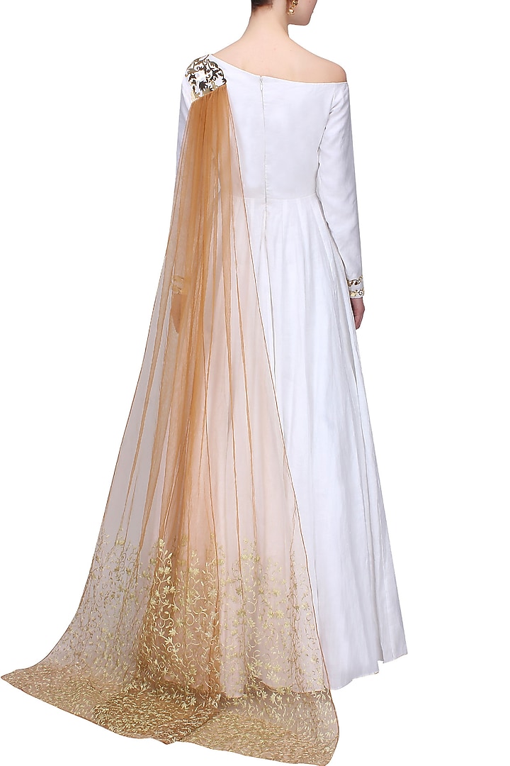 White and gold embroidered drop shoulder anarkali set available only at Pernia's Pop Up Shop.